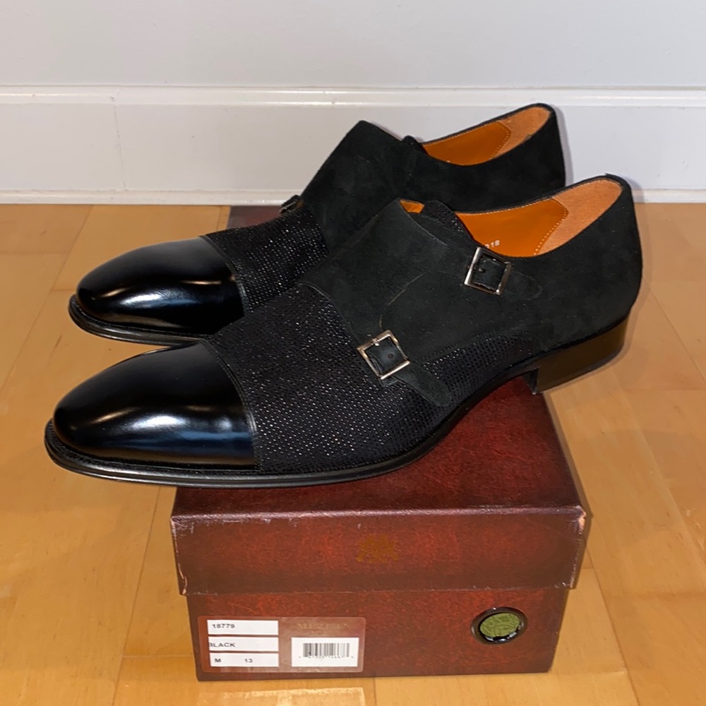Mezlan mens black suede & leather monk-strap dress shoes, 13”.